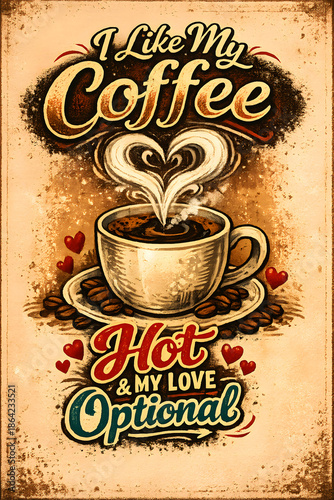 Vintage Coffee Typography Poster With Romantic Quote and Heart Steam Design