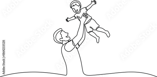 Continuous one line drawing of a happy father lifting his young son in the air for family bonding and fatherhood