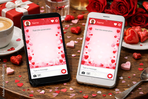 Valentine’s Day Romantic Messaging App Interface Displayed on Two Smartphones