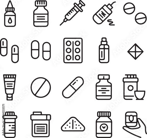 A collection of outline icons representing various medical drugs, pharmaceutical products, and related healthcare items