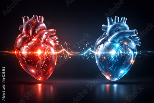 Futuristic Red and Blue Human Hearts Connected by Energy Waveform Art