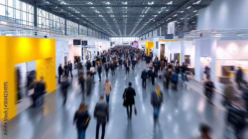 Crowd of people walking through a large modern exhibition or trade fair hall.
