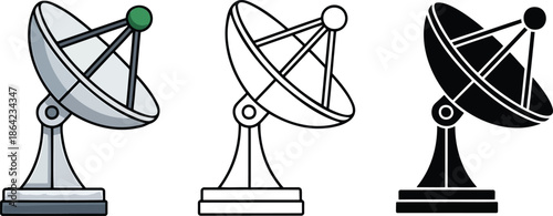Satellite dish antenna silhouette & Outline and illustration set isolated on transparent background