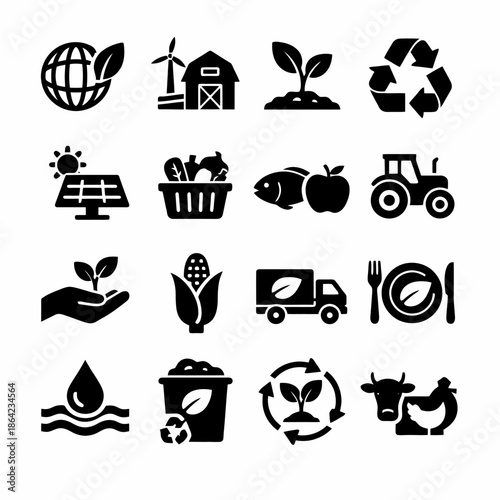 Sustainable farming icons: agriculture, renewable energy, food, recycling