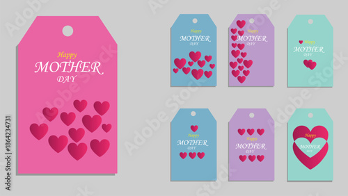 Lovely set of pastel pink blue and purple gift tags adorned with floating hearts for Mothers Day