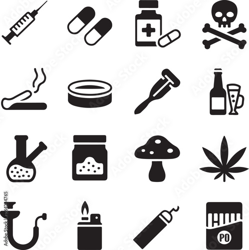 Collection of black icons representing various drugs, alcohol, and harmful substances
