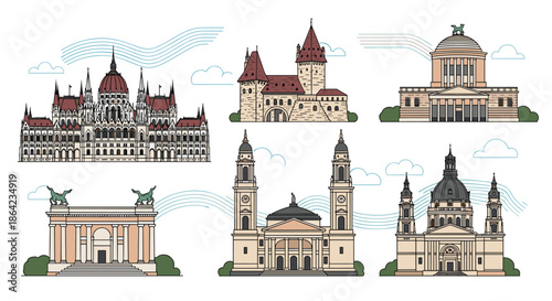 Detailed illustrations of famous historical landmarks and monuments in Budapest Hungary set against a white background.