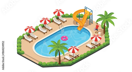 Detailed isometric view of a luxury outdoor swimming pool area with sun loungers umbrellas palm trees and an orange water slide.
