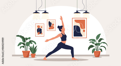 Active young woman practicing yoga in a warrior pose inside a stylish modern living room filled with plants and chic decorations.
