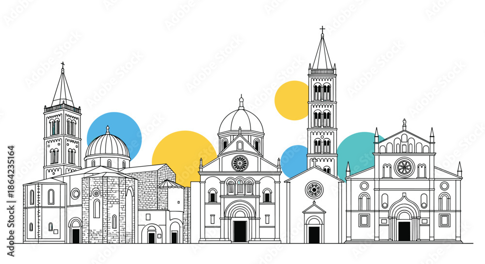 Obraz premium Architectural sketches of several different cathedrals and churches in a black and white line art style with colorful geometric circles.