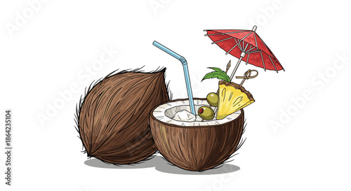 Tropical cocktail served in a hollow coconut shell with a straw, pineapple slice, and umbrella for summer vacation and beach themes.
