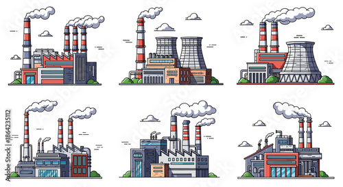 Set of six different industrial factory buildings with smoking chimneys and cooling towers for manufacturing and environment related themes.