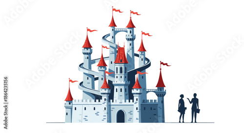 Playful fantasy castle illustration features tall towers with red roofs and winding slides alongside tiny human silhouettes.