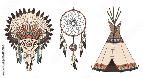 Native American cultural icons collection features a decorated bull skull with headdress, a dreamcatcher, and a tipi tent.