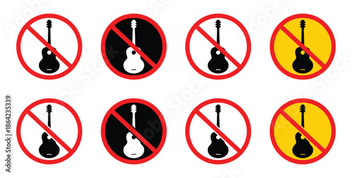No Guitar allowed with a symbolic red prohibition sign. This no guitar vector icon represents restrictions and silence, portraying concept with musical instruments