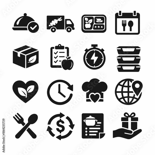 Set of food delivery and meal preparation icons for eco-friendly cuisine