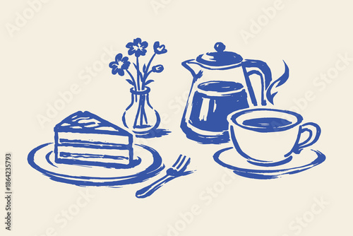 Tea set with cake hand drawn sketch vector illustration