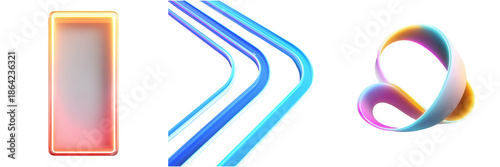 A collection of abstract 3d elements featuring glowing shapes, lines, and a twisted knot