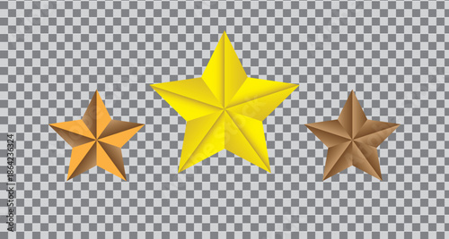 Three golden stars set. Golden emblem of victory. Symbol of best and winner. with transparent background. 