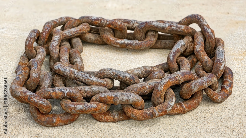Fototapeta premium A Heavy Rusty Steel Anchor Chain With Corroded Links Lying On A Sandy Surface