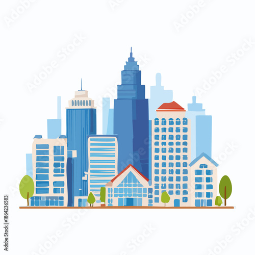 Cityscape of modern buildings and skyscrapers in urban environment.