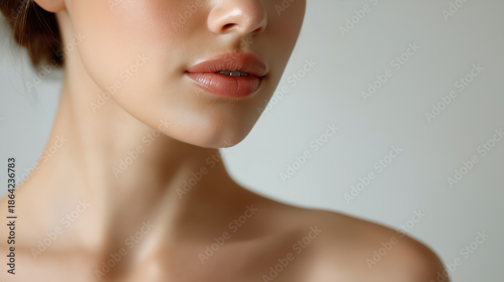 Obraz premium Minimal beauty portrait of a woman’s neck and jawline with natural skin and soft lighting. 