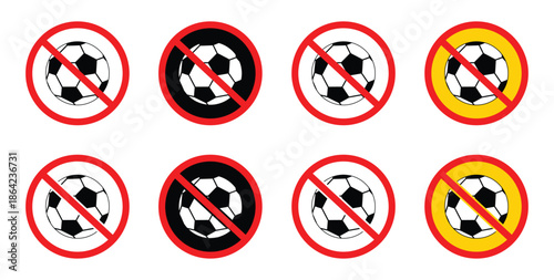 No ball games prohibited warning sign. No Soccer Ball Sign, Football Prohibited Warning Icon Vector Illustration.