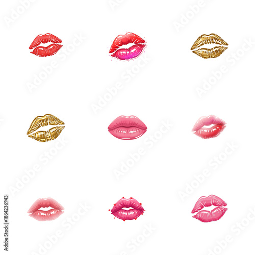 Collection of colorful lipstick kiss marks on white background
