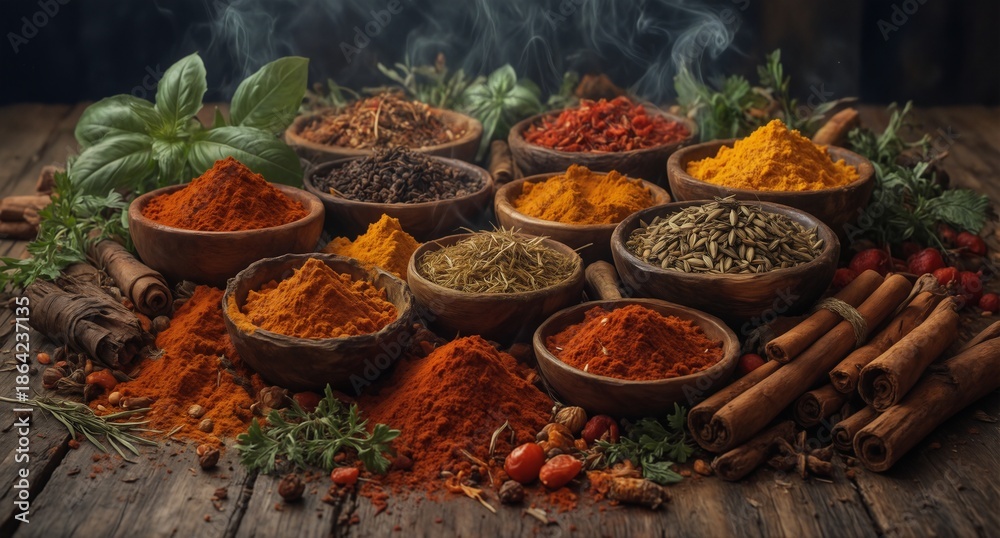 Fototapeta premium assortment of colorful spice powders and whole spices arranged in wooden bowls on rustic wood with smoke effect.