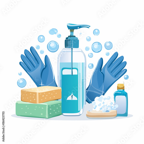 Cleaning supplies with soap dispenser, sponges, and gloves for hygiene.