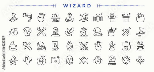 Wizard icon set. Minimal icons pack. Containing miracle, magic, mystery, magical, magician. Editable stroke. Pixel Perfect. Mystery linear icon set.