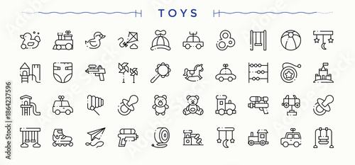 Toys modern icon set. Minimalist linear icons. Editable vector art and illustration. Game icon set. Pictograms of childhood, game, play, children toys and more.