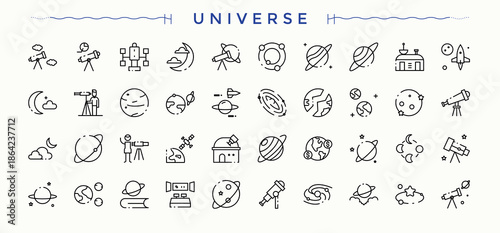 Universe icon set. Minimalist editable vector stroke. Vector artwork and illustration. Universe icon. Included astronomy, cosmos, planet and more.