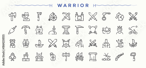 Warrior linear icon collection. Contains such icons as navy, army, weapon, soldier, army and more. Military modern icon set. Icons for UI designs. Editable stroke. Vector illustration.