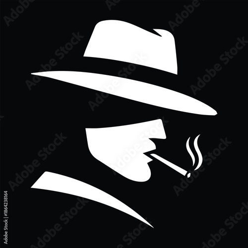 Noir detective or gangster profile in a fedora, smoking a cigarette. High-contrast silhouette icon