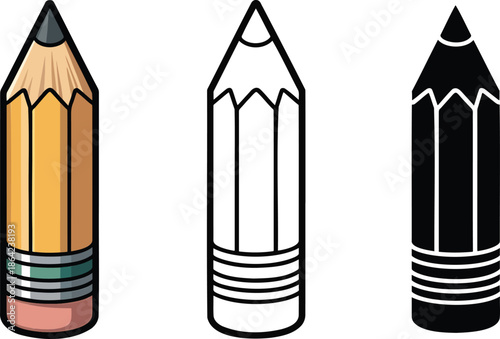 Sharpened pencil silhouette & Outline and illustration set isolated on transparent background