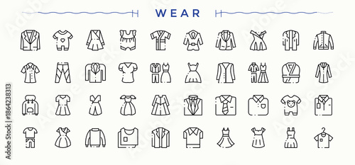dress line icon set. Human linear icon collection. Icons for UI design. Included clothing, clothes, textile, garment, shirt, suit and more. Vector collections.