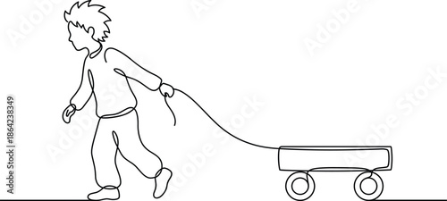 Continuous one line drawing of little boy pulling a wooden wagon toy for childhood play adventure minimalist vector for parenting.