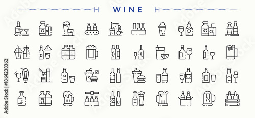 Wine icon set in linear style. Contains such icons as beverage, vineyard, wine glass, celebration and more. Drink icon. Minimalist vector collections. Editable stroke. Vector collection.