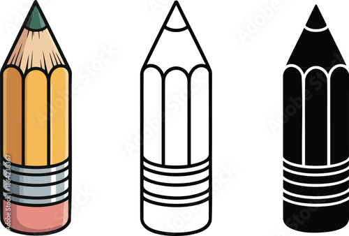 Sharpened pencil silhouette & Outline and illustration set isolated on transparent background