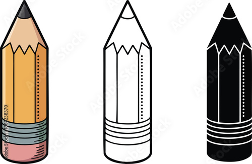 Sharpened pencil silhouette & Outline and illustration set isolated on transparent background