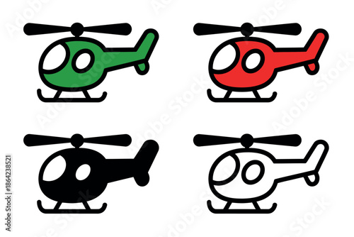 Four cartoon helicopters in different colors: green, red, black, and white.
