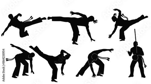 set of capoeira fight, silhouette, flat design, isolated on white