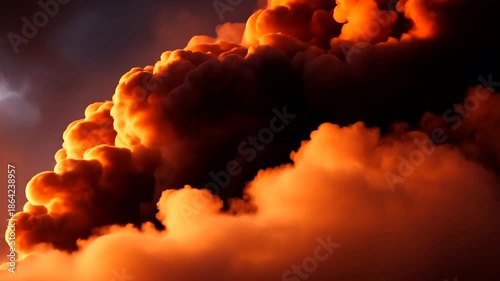 Vibrant orange and red smoke plumes against a dark sky, illuminated by a warm glow