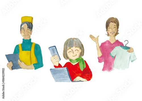 働く笑顔のシニア男女セット水彩素材