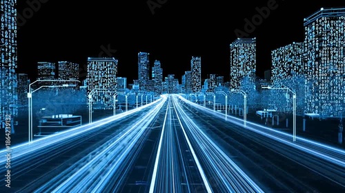 Futuristic digital cityscape at night with binary code buildings and glowing light trails