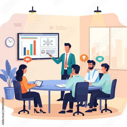 A business professional presenting data and charts on a screen to colleagues in an office meeting.