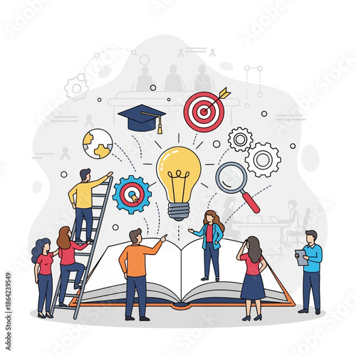 Group of people working together on a large open book with ideas and concepts surrounding it.