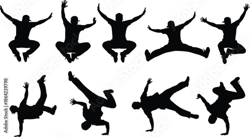 Black, and, white, breakdancing, silhouettes, set, of, street, dancers, jumping, and, performing, acrobatic, hip, hop, poses, on, a, white, background (20 words)