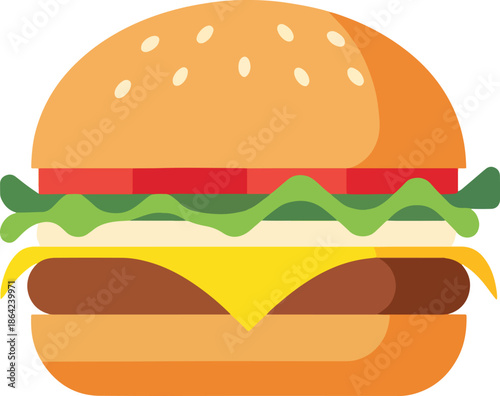 A delicious and colorful illustration of a classic cheeseburger with all the fixings, perfect for food-related content